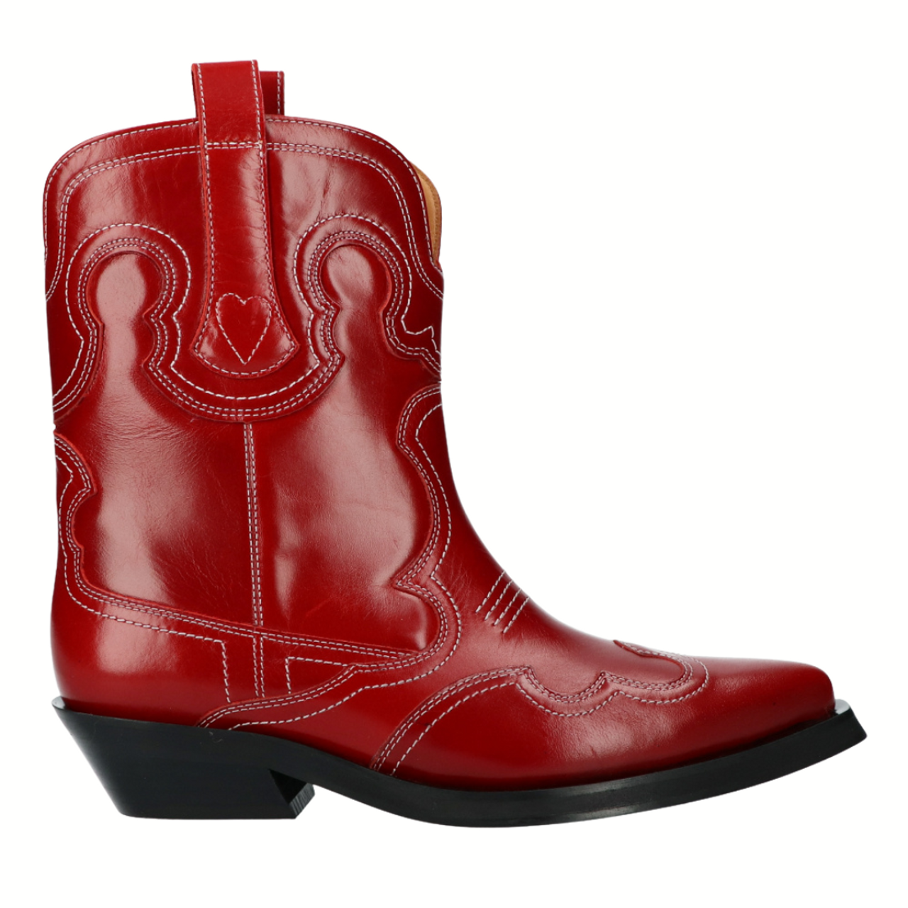 Ganni Low Shaft Embroidered Western Boot in Barbados Cherry